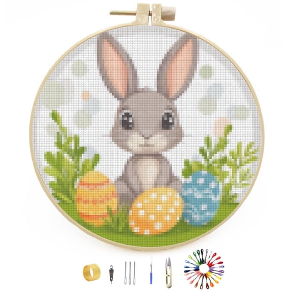 Cute Cartoon Rabbit and Easter Eggs Easy Stamped Cross Stitch Kits for Beginners with Hoop 11CT Counted Embroidery Needlepoint Crafts Arts for DIY Enthusiasts and Home Decor 30x30cm(1)