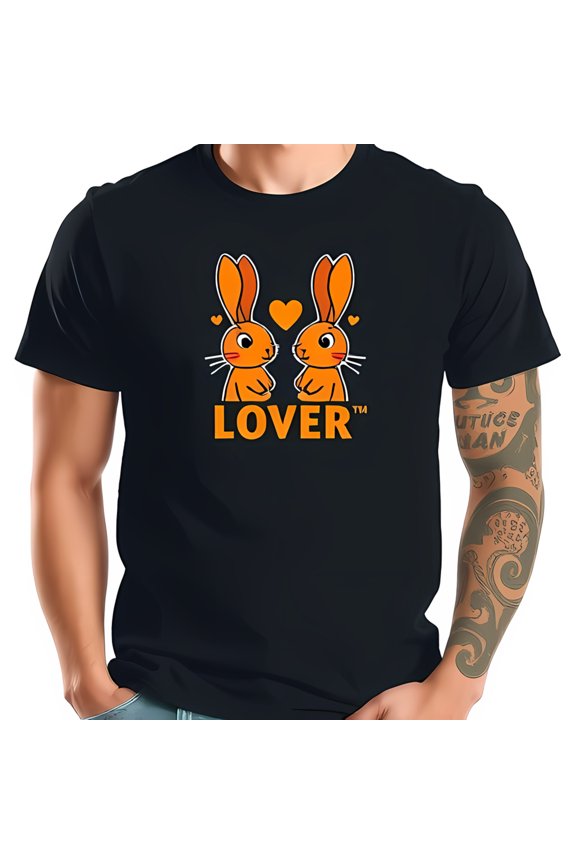 Cute Cartoon Rabbit Graphic Cotton Short Sleeve T-Shirt for Men - Playful " LOVER " Design with Heart