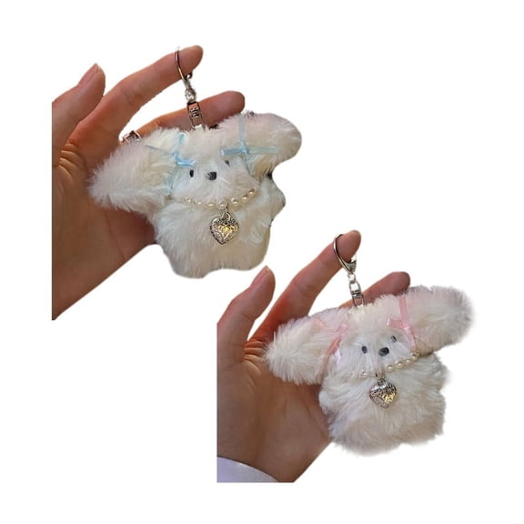 Cute Cartoon Rabbit Keychain Plush Animal Doll with Pearl Heart Bowknot Pendant Keyring Bag Charm Backpack Decor Car Key