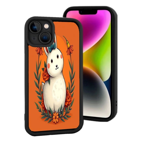 Cute Cartoon Rabbit Phone Case for iPhone 15 - White with Blue Bow Surrounded by Orange Flowers Lightweight & Yellowing Resistant