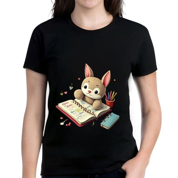 Cute Cartoon Rabbit Short Sleeve Cotton T-Shirt for Women - Cheerful Design with Colorful Pencils and Flowers