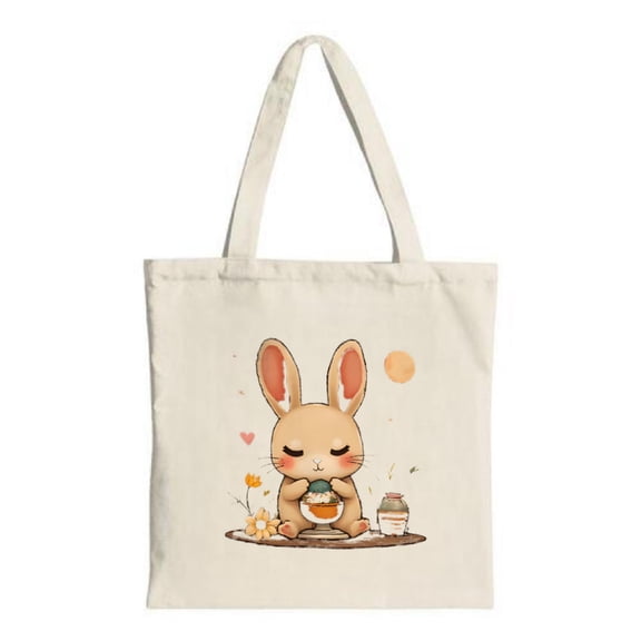 Cute Cartoon Rabbit Tote Bag - Adorable design with a happy rabbit soup flowers and sun Perfect for shopping and travel