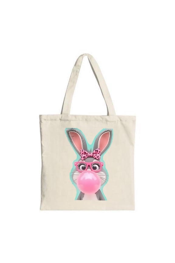 Cute Cartoon Rabbit Tote Bag - Features a stylish rabbit in pink glasses print bow blowing on a turquoise background