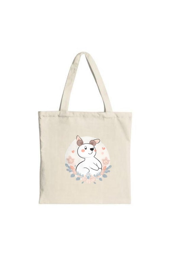 Cute Cartoon Rabbit Tote Bag - Soft Beige Canvas with Floral Wreath Perfect for Shopping Travel & Parties Reusable & Stylish