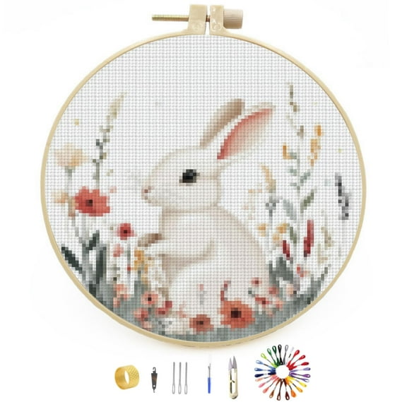 Cute Cartoon Rabbit among Flowers Easy Stamped Cross Stitch Kits for Beginners with Hoop 11CT Counted Embroidery Needlepoint Crafts Arts for DIY Enthusiasts and Home Decor 30x30cm(5)