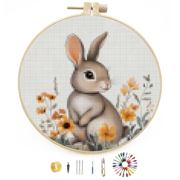 Cute Cartoon Rabbit among Flowers Easy Stamped Cross Stitch Kits for Beginners with Hoop 11CT Counted Embroidery Needlepoint Crafts Arts for DIY Enthusiasts and Home Decor 30x30cm(4)