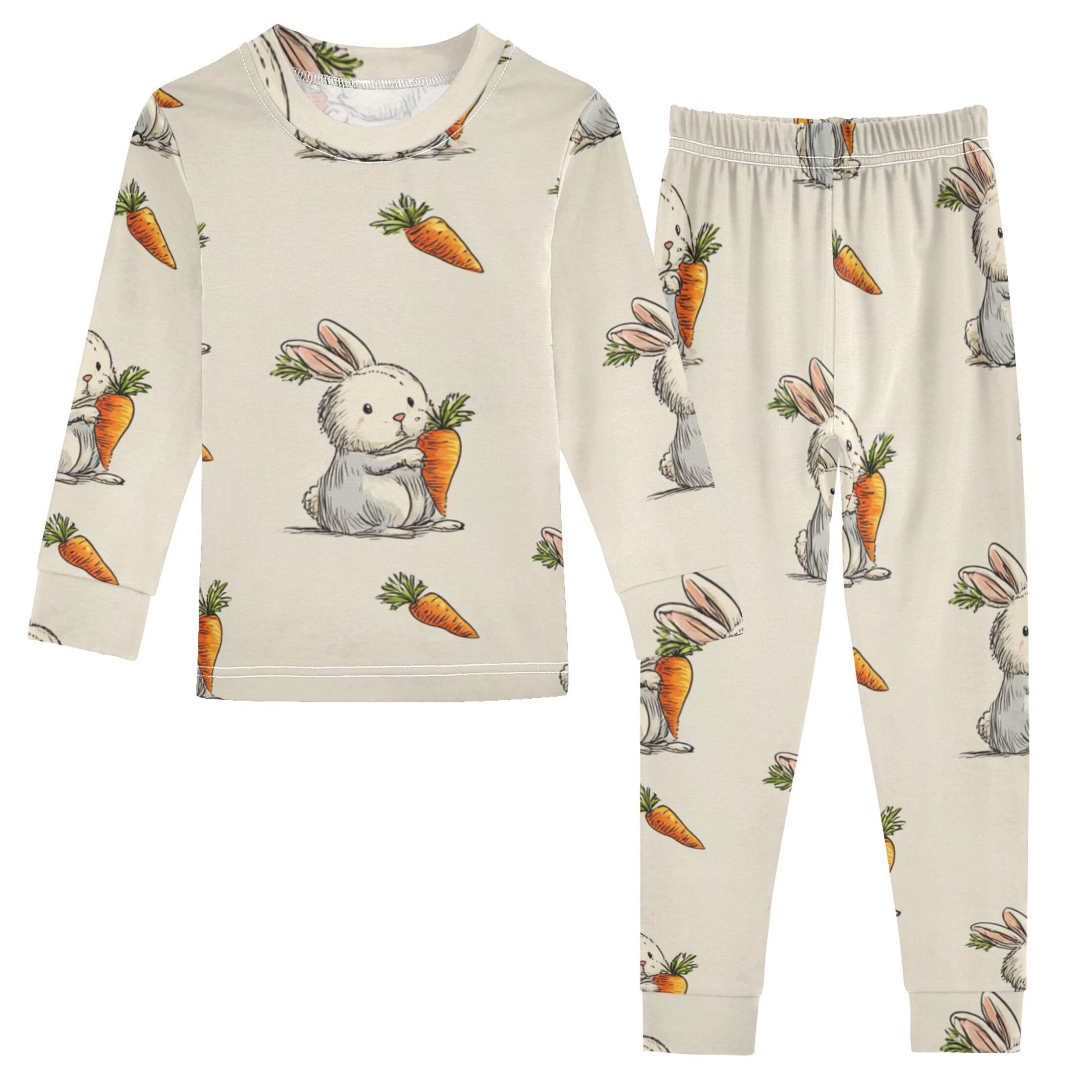 Cute Cartoon Rabbits Hug Carrots Cotton Pajama Set Long Sleeve Top and ...