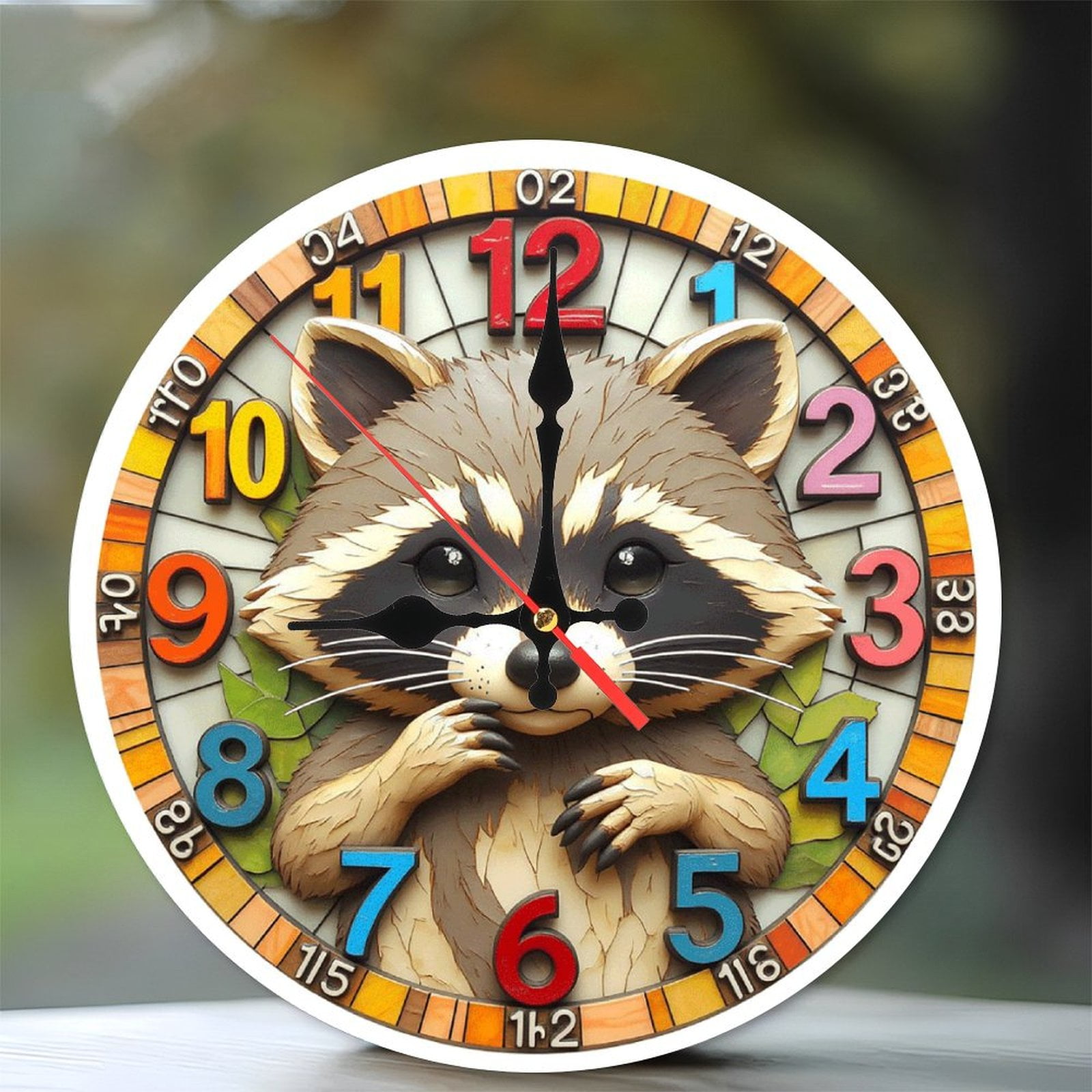 Cute Cartoon Raccoon Wall Clock with Colorful Numbers 10-Inch Silent ...