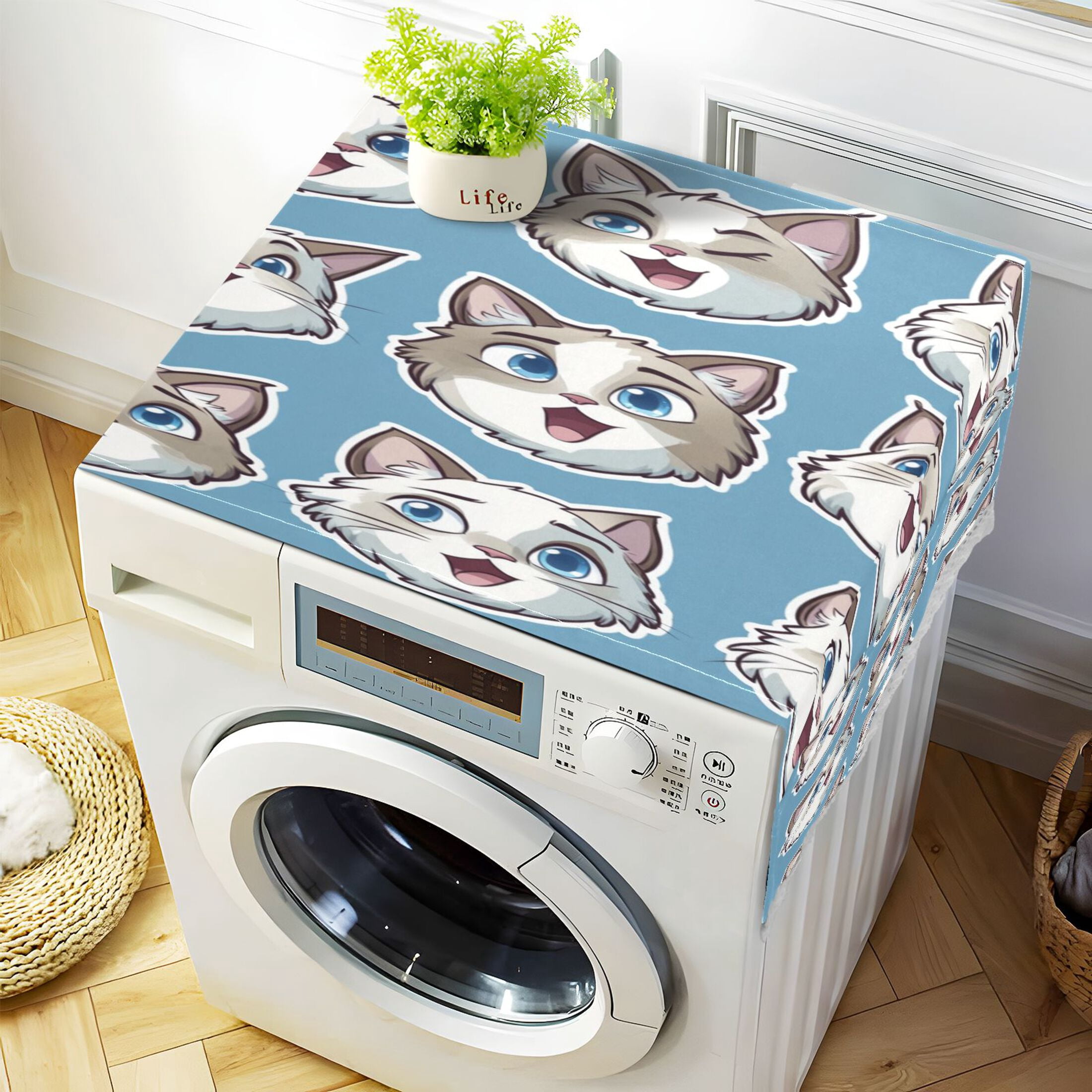 Cute Cartoon Ragdoll CatWasher and Dryer Covers Dust-Proof and Oil Resistant Fridge Cover with 4 Storage Pockets Washing Machine Top Cover for Laundry Kitchen Home 51.2 x 22 In