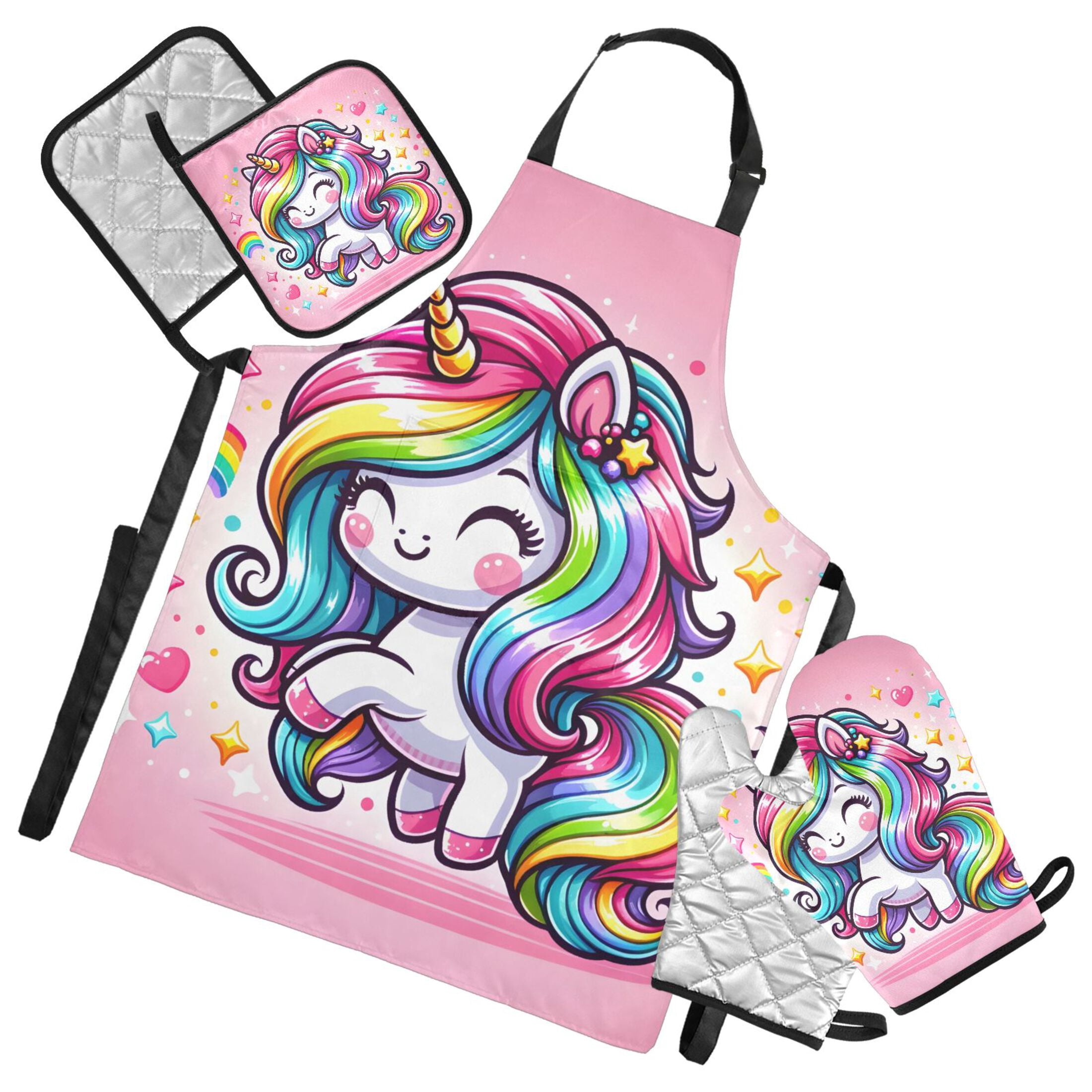 Cute Cartoon Rainbow Unicorn 5 Pcs Kitchen Set Heat Resistant Oven Mitts and Non-Slip Pot Holders with Adjustable Cooking Apron