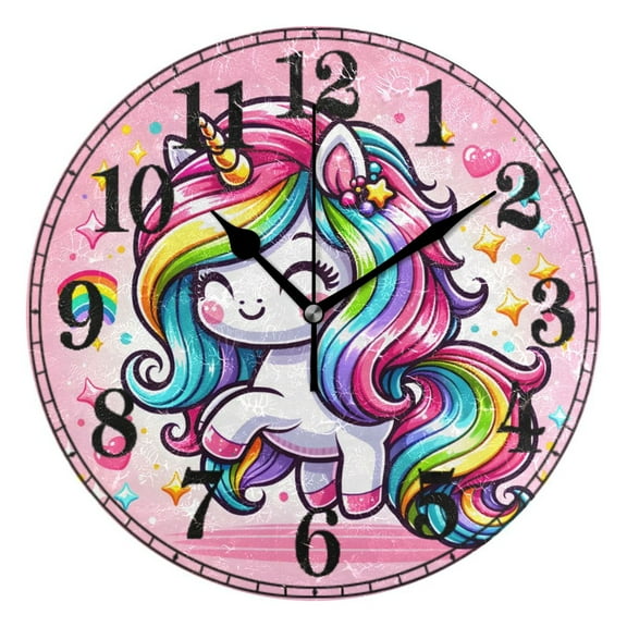 Cute Cartoon Rainbow Unicorn Silent Wall Clock 10" Non-Ticking Battery Clock
