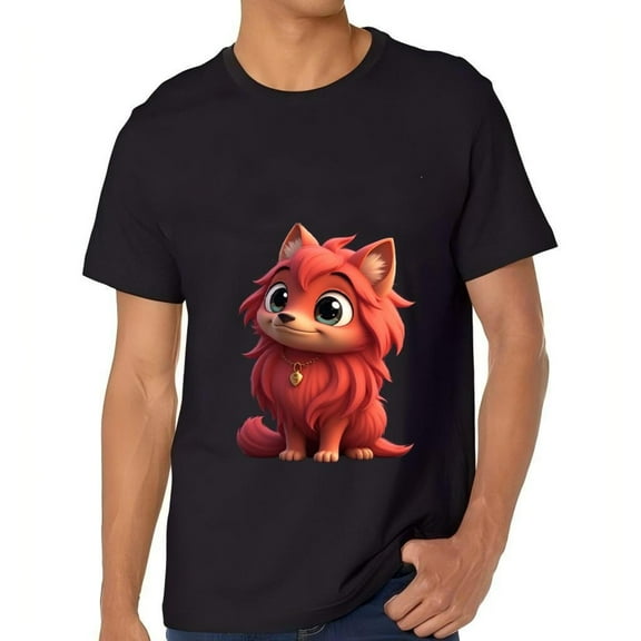 Cute Cartoon Red Dog Graphic Cotton Short Sleeve T-Shirt for Men - Playful Design with Fluffy Tail