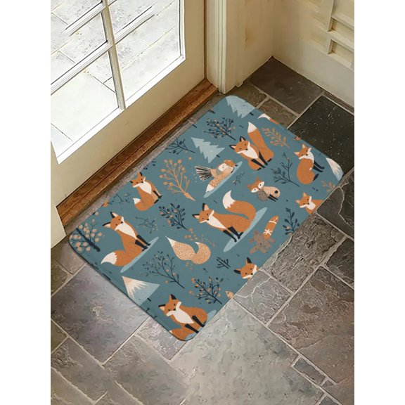 Cute Cartoon Red Fox Forest Tree Seamless Pattern Flannel Doormat, Multi-Size Non-Slip Floor Rug (16"x24", 20"x32", 24"x36")