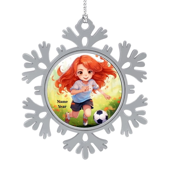 Cute Cartoon Red Head Girl Play Soccer Metal Snowflake Christmas Ornaments Soccer Team Gift 2023 Ornament Personalized Christmas Ornaments Gifts Keepsake for Family Xmas Ornament 3"