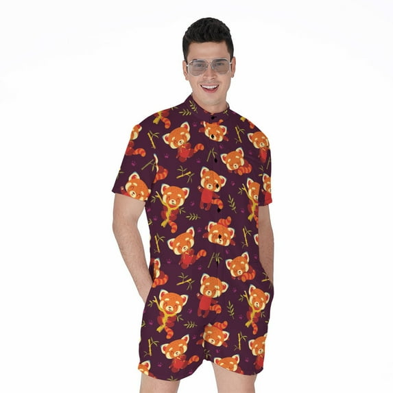 Cute Cartoon Red Panda Pattern Short Sleeve Men'S Rompers, Panda Bear Casual Summer Jumpsuits Outfit
