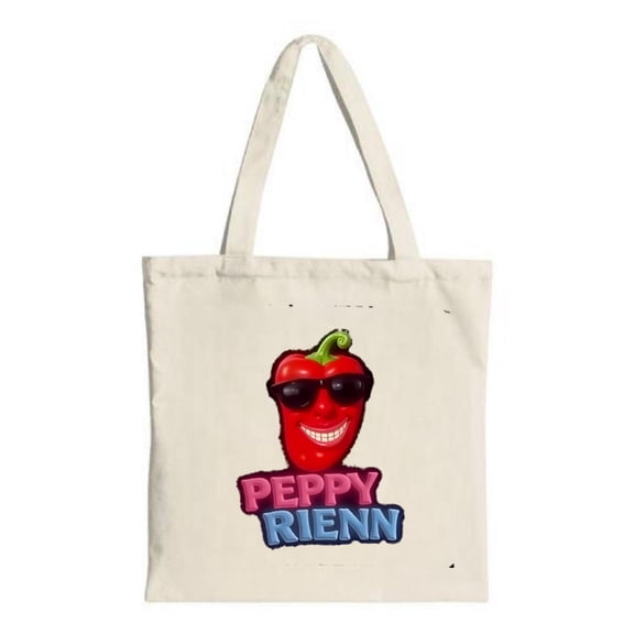 Cute Cartoon Red Pepper Tote Bag - Smiling with Sunglasses ' PEPPY RINN ' in Colorful Letters Perfect for Shopping Travel & Parties