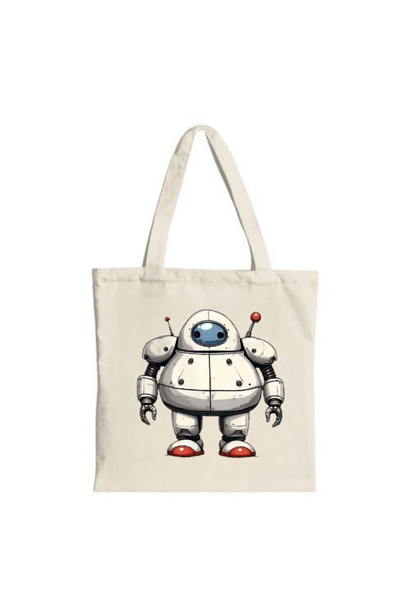 Cute Cartoon Robot Tote Bag - White & Gray Canvas Rounded Body Large Eyes Red Feet Perfect for Shopping Travel & Parties