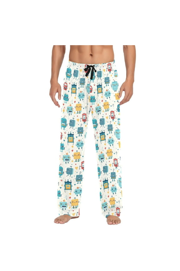 Cute Cartoon Robots joogoo Men's Pajama Pants Cotton Long Sleepwear Lounge Pants M