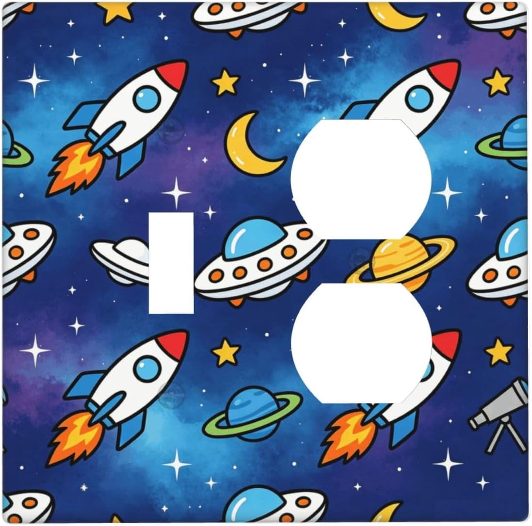 Cute Cartoon Rocket UFO Planet Switch Cover, 2 Gang Toggle/Duplex Combo ...