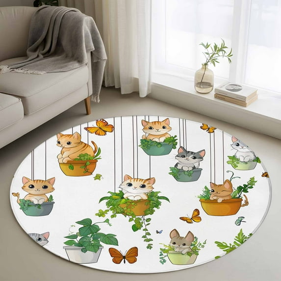 Cute Cartoon Round Area Rug 4 FT, Non Slip Indoor Outdoor Rug, Cat ...