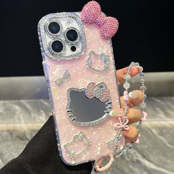 Cute Cartoon Sanrio Hello Kitty Glitter Phone Case For iPhone 17 16 15 14 13 12 Pro Max Shockproof Hard Makeup Mirror Cover