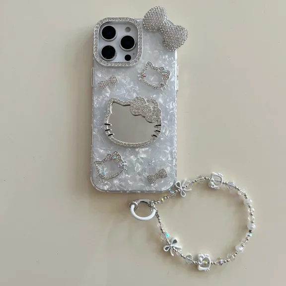 Cute Cartoon Sanrio Hello Kitty Glitter Phone Case For iPhone 17 16 15 14 13 Pro Max Shockproof Hard Makeup Mirror Cover