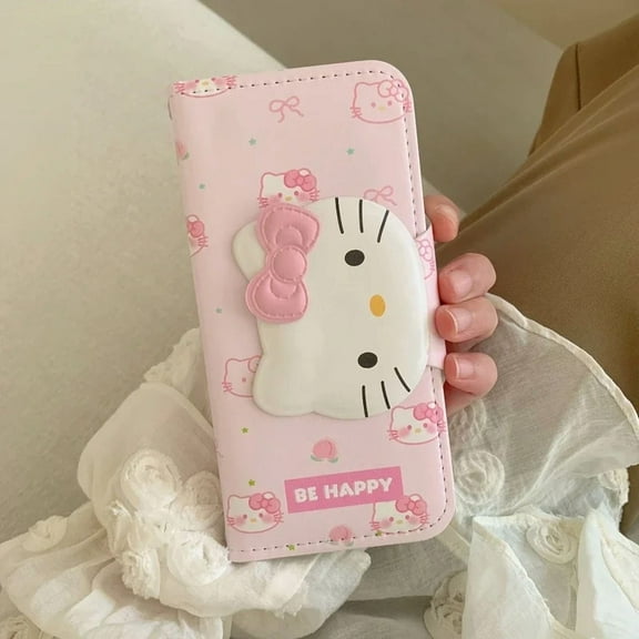Cute Cartoon Sanrio Hello Kitty Leather Flip Phone Case For iPhone 16 15 14 13 Pro Max Cover