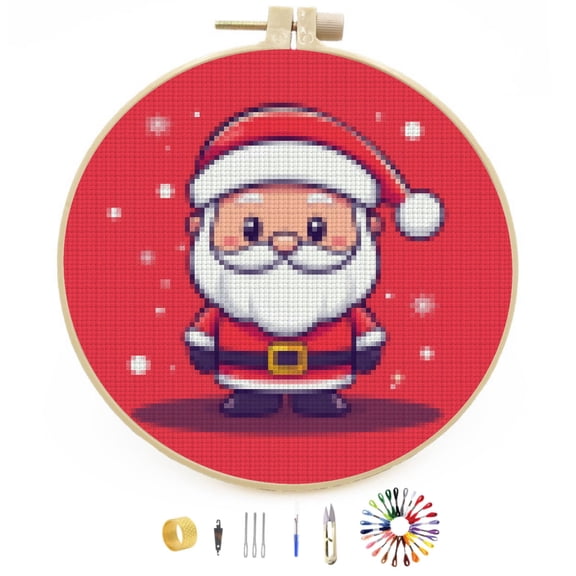 Cute Cartoon Santa Claus DIY Stamped Cross Stitch Kits Easy for Beginners with Hoop 11CT Counted Embroidery Needlepoint Crafts Arts for Handmade Enthusiasts and Home Decor 30x30cm(8)