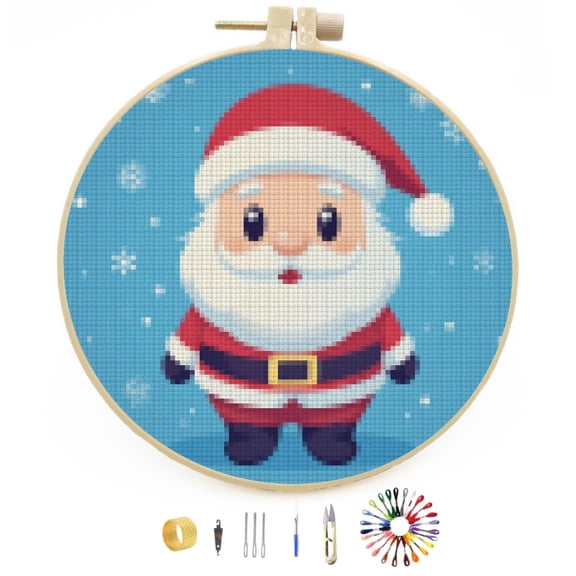 Cute Cartoon Santa Claus DIY Stamped Cross Stitch Kits Easy for Beginners with Hoop 11CT Counted Embroidery Needlepoint Crafts Arts for Handmade Enthusiasts and Home Decor 30x30cm(4)