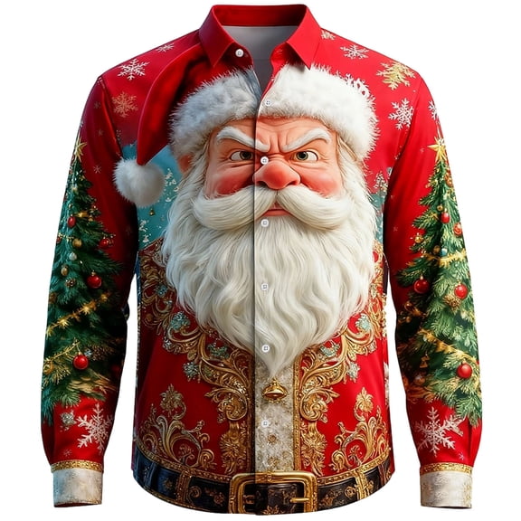 Cute Cartoon Santa Claus Shirt for Men Vintage Christmas Shirt Long Sleeve Button Down Turndown Collar Blouse