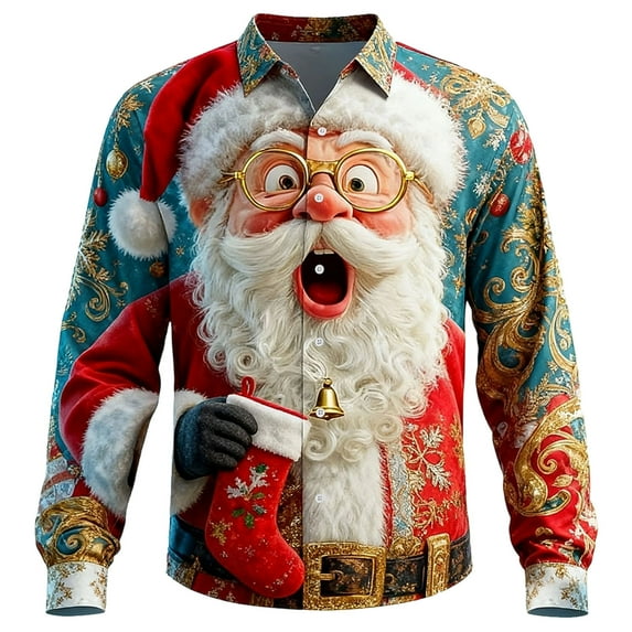 Cute Cartoon Santa Claus Shirt for Men Vintage Christmas Shirt Long Sleeve Button Down Turndown Collar Blouse