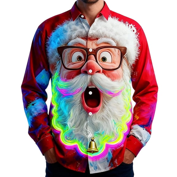 Cute Cartoon Santa Claus Shirt for Men Vintage Christmas Shirt Long Sleeve Button Down Turndown Collar Blouse