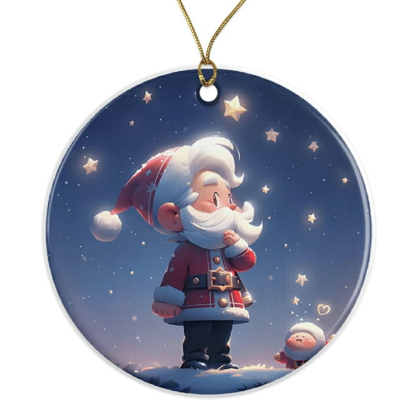 Cute Cartoon Santa and Elf Star Ornament - Adorable Holiday Decoration - Giftable Christmas Ornament - Festive Santa Ornament Ceramic Ornament - 3 Inch Christmas Tree Round Ornament ORNW0216
