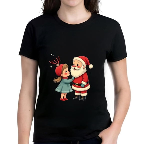 Cute Cartoon Santa and Girl Graphic Cotton Short Sleeve T-Shirt - Festive Holiday Design with Reindeer Antlers - Perfect for Christmas Cheer