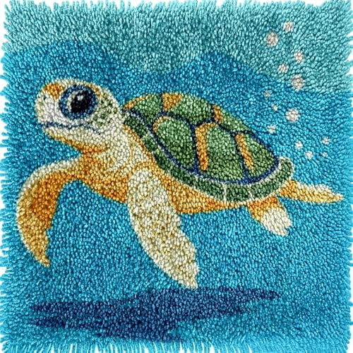 Cute Cartoon Sea Turtle Latch Hook kits Mini Rug DIY Handmade Crochet Yarn Needlework Hook and Latch Kit Printed Canvas Carpet Cushion Cover Home Christmas Decoration 30x30cm(3)