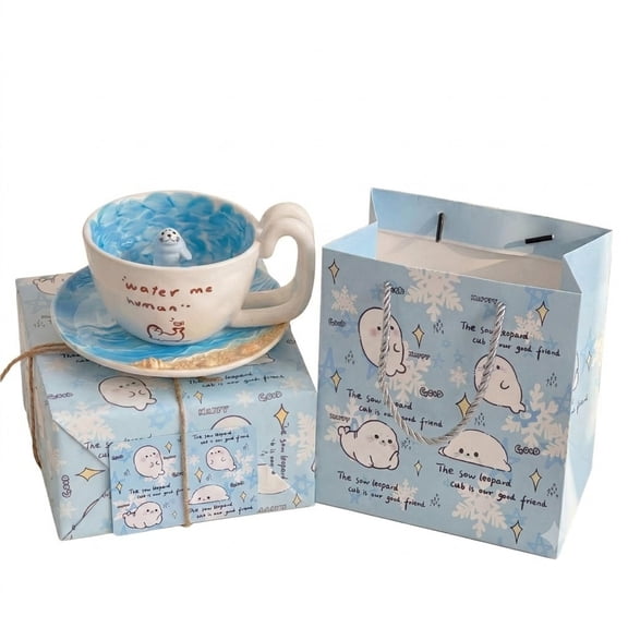 Cute Cartoon Seal Ceramic Mug, Handmade Coffee Cup with 3D Swimming Seal Figure, Blue Ocean Interior
