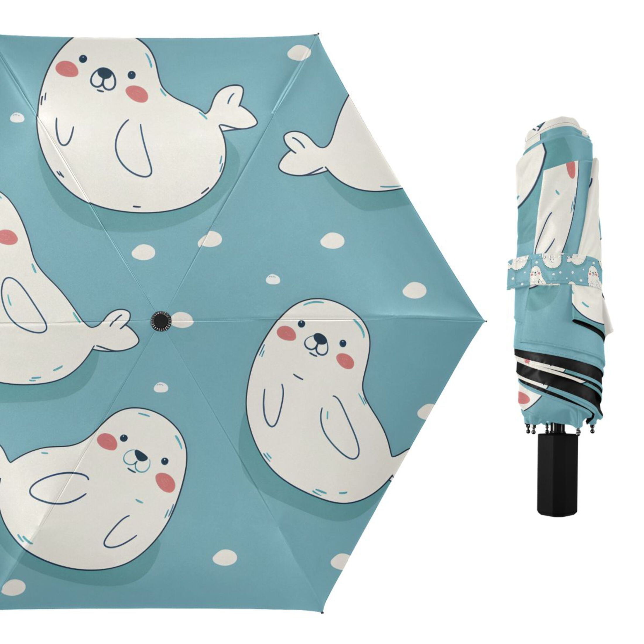 Cute Cartoon Seal Compact Sun Umbrella Windproof Travel Umbrellas for Rain Strong Portable UV Protection