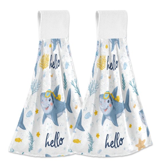 Cute Cartoon Sharks Diving Hanging Towels with Loop Hand Towels Nylon Fastener Tape Design Dish Cloths 2 Pieces