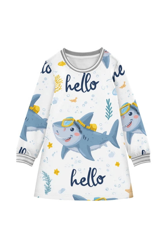 Cute Cartoon Sharks Diving Long-sleeved Dress A-line One-Piece Dress for 2-8 Years Casual Party 3T