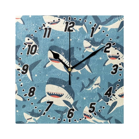 Cute Cartoon Sharks Wall Clock Battery Operated Silent Non-Ticking Bedroom Office Kitchen Home School Decor 7.8"(Black)