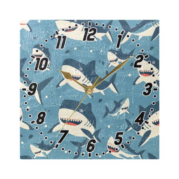 Cute Cartoon Sharks Wall Clock Battery Operated Silent Non-Ticking Bedroom Office Kitchen Home School Decor 7.8"(Gold)