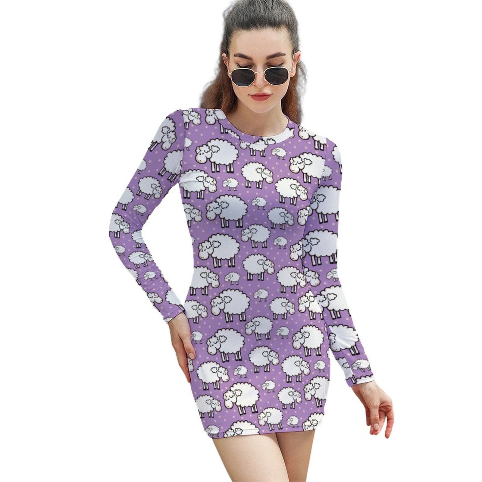 Cute Cartoon Sheep Pattern Dresses for Women Long Sleeve Round Neck