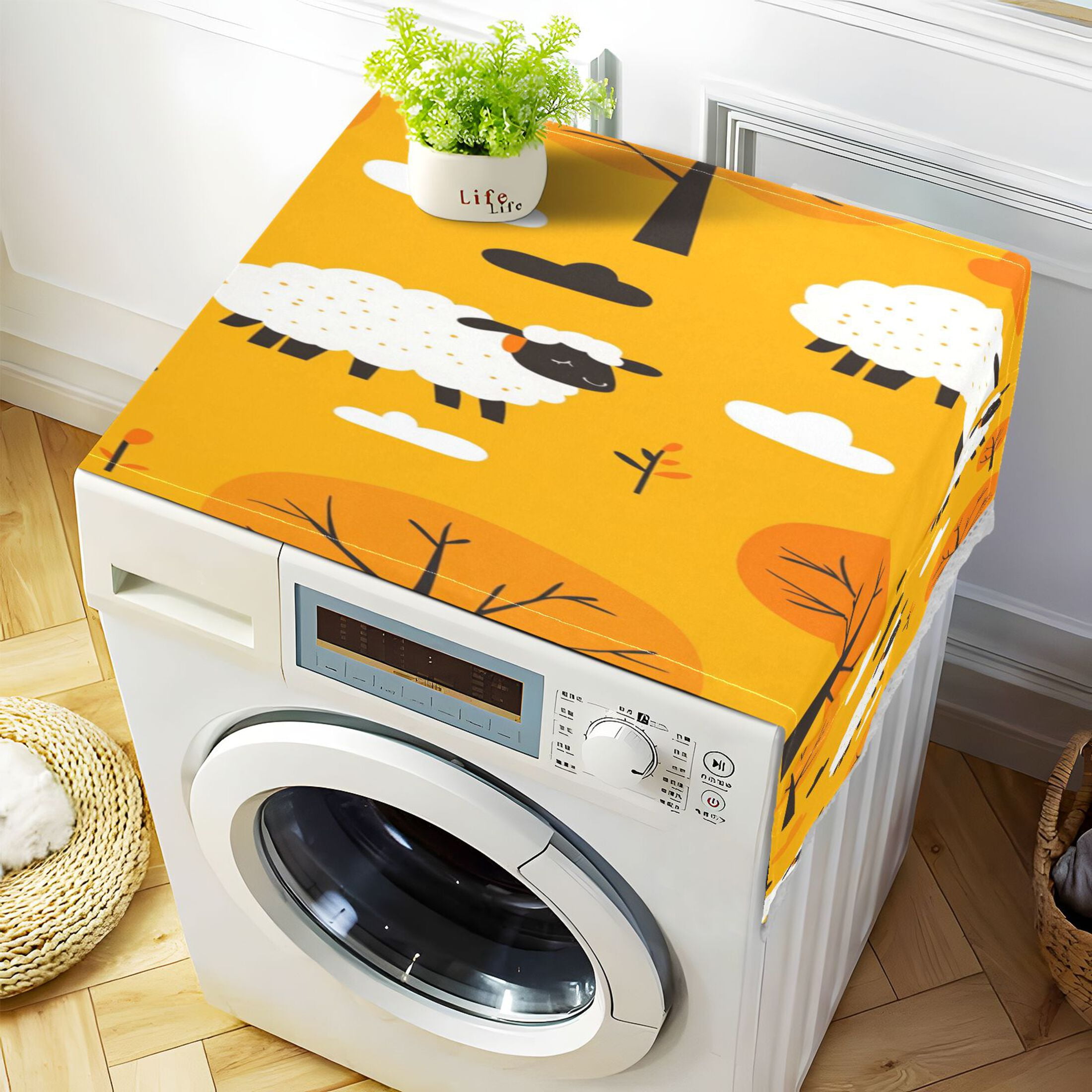 Cute Cartoon SheepWasher and Dryer Covers Dust-Proof and Oil Resistant Fridge Cover with 4 Storage Pockets Washing Machine Top Cover for Laundry Kitchen Home 51.2 x 22 In
