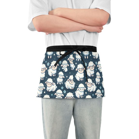 Cute Cartoon Sheeps Server Apron with 3 Pockets Waterproof Waitress Waist Short Apron for Man Woman 12 Inches