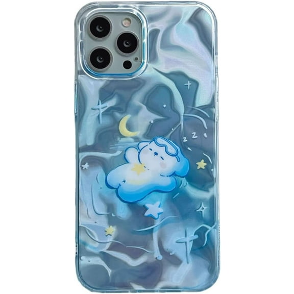 Cute Cartoon Sleep Puppy Moon Water Ripple Phone Case Compatible with iPhone Case (Blue,iPhone 15 Pro)