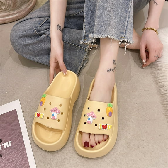 Cute Cartoon Slippers Women Waterproof EVA Soft Casual Sandals Slides for Beach Party Shopping Yellow 40-41