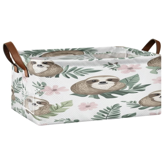 Cute Cartoon Sloth Pattern with Tropical Leaves Storage Basket Soccer Plaid Fabric Hoard Box Oversized Collapsible Closet Organizer with Metal Iron Frame 16.911.47.7in