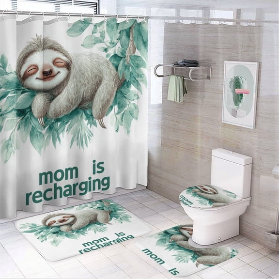 Cute Cartoon Sloth Sleeping on Branch 4 Piece Bathroom Shower Curtain Sets with Non-Slip Rugs Toilet Lid Cover And Bath Mat Cute Animal Sloth Durable And Waterproof for Bathtub Decor