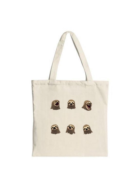 Cute Cartoon Sloth Tote Bag - Six Unique Expressions in Two Rows Perfect for Shopping Travel and Parties - Eco-Friendly Canvas