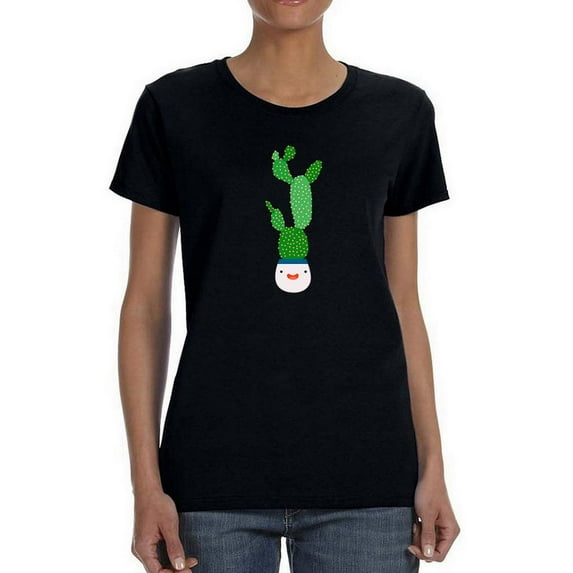 Cute Cartoon Smile Cactus Shaped T-Shirt Women -Image by Shutterstock, Female x-Large